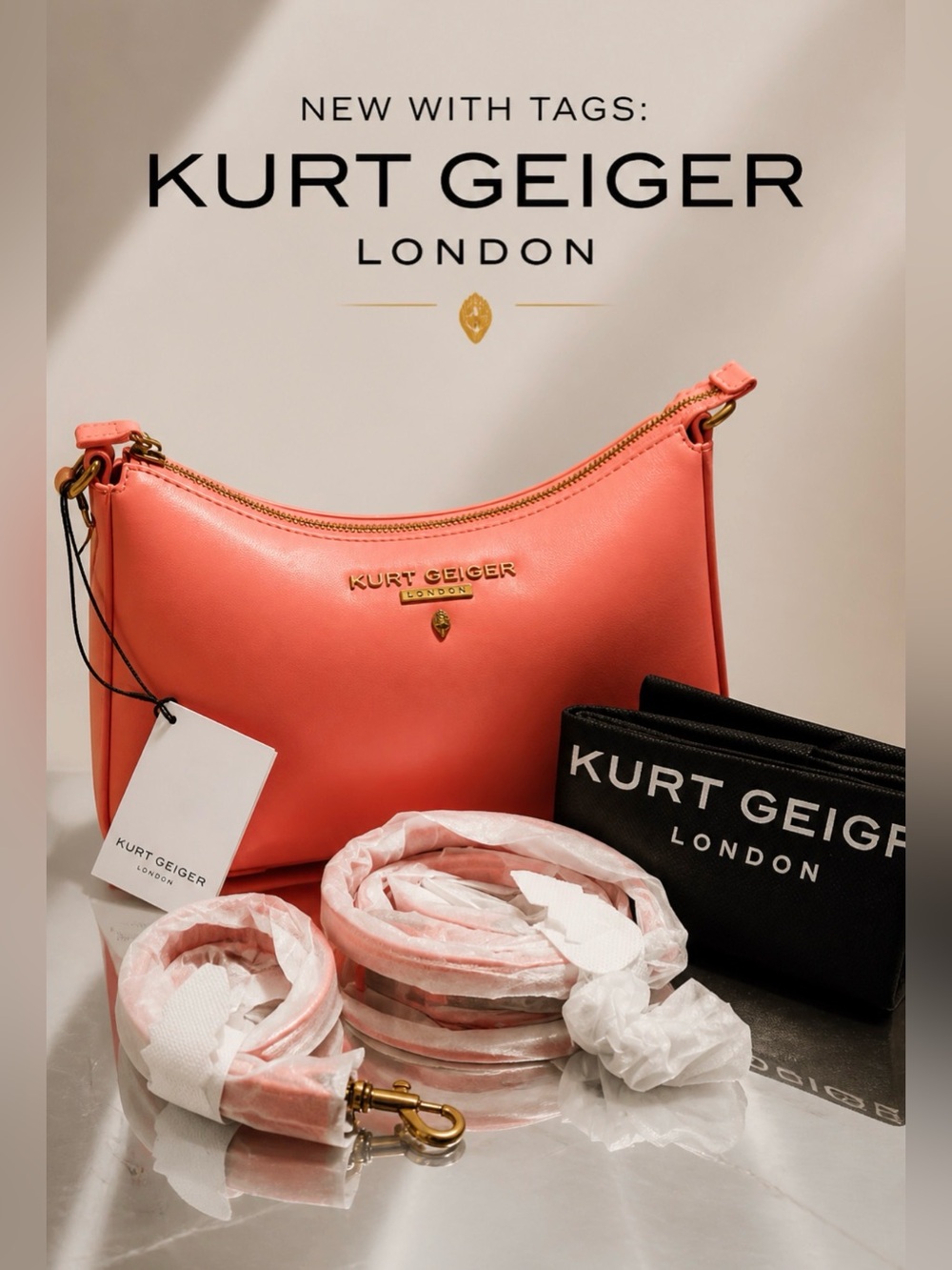 Kurt Geiger Coral-Pink Leather Crossbody Bag with Gold Hardware NWT